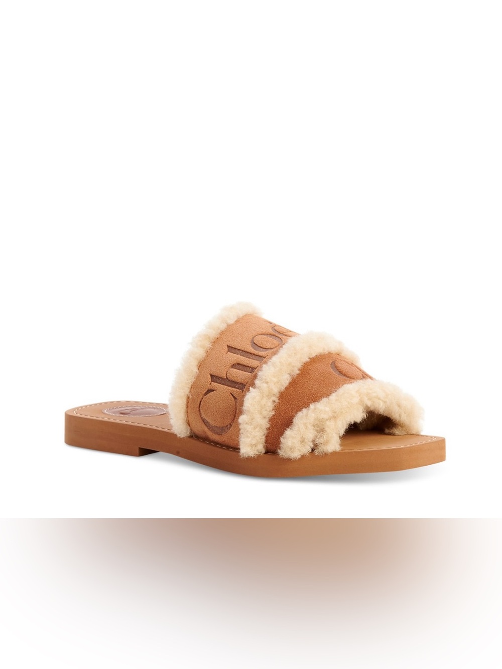 CHLOE Tan Shearling-Trim Slide Sandal for women’s 100% Authentic
